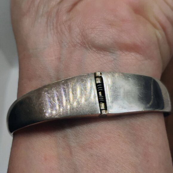 Vtg Mexico 950 Silver Inlay Turquoise Hinged Cuff Bracelet 57.6 g - Picture 6 of 9